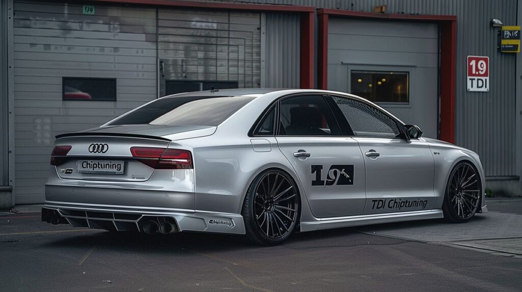 Silver 1.9 TDI car with performance chiptuning parked in front of a garage