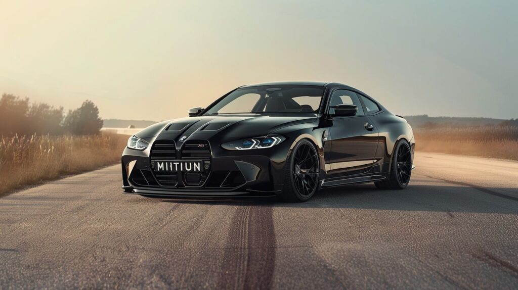 Black BMW sports car with highlighted chiptuning modifications on open road, displaying electronic chips and BMW logo