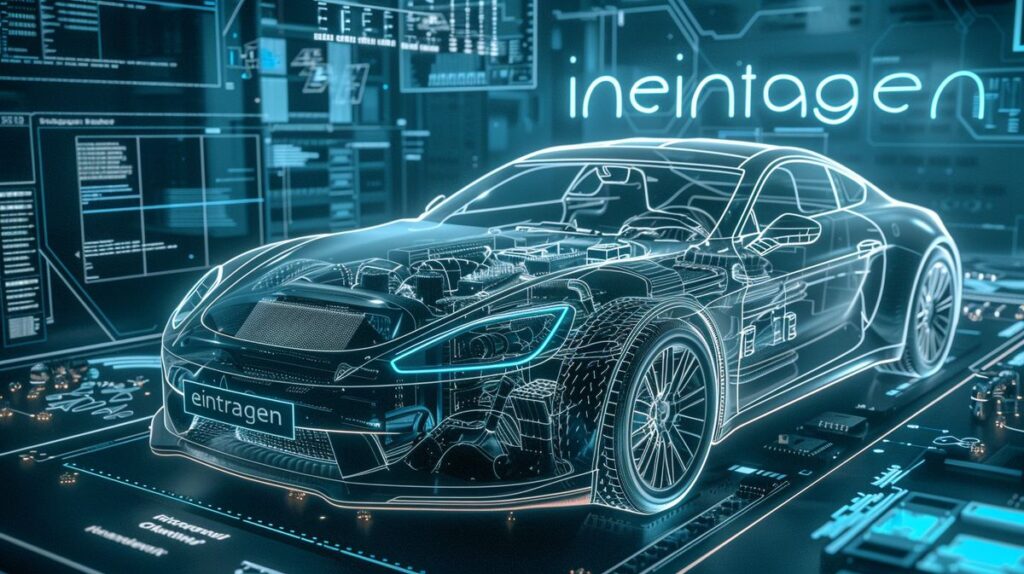 Modernes Auto mit sichtbarem Motor, umgeben von Computerchips und Werkzeugen, neben einem Anmeldeformular für Chiptuning ab wann eintragen