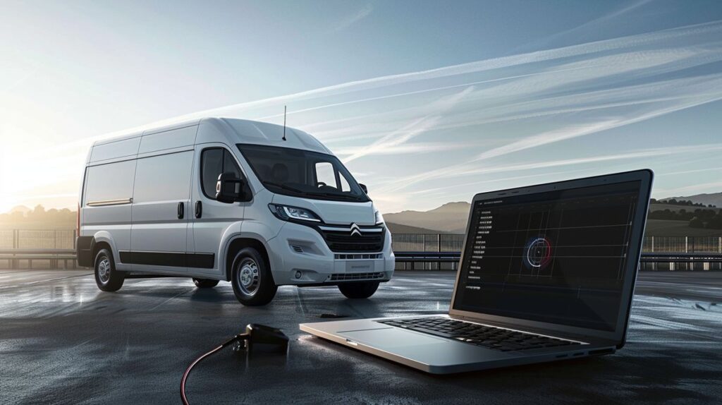 Citroen Jumper 2.2 HDI van neben Laptop mit Chiptuning-Software und Leistungsstatistiken, professionelles und helles Bild, zeigt Citroen Jumper 2.2 HDI Chiptuning Erfahrungen