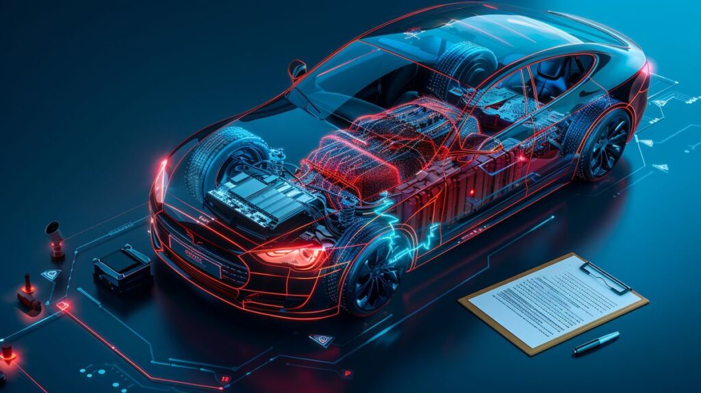 Moderne Auto mit geöffneter Motorhaube und Chiptuning-Chip, neben einem Clipboard für Eintragungsprozess