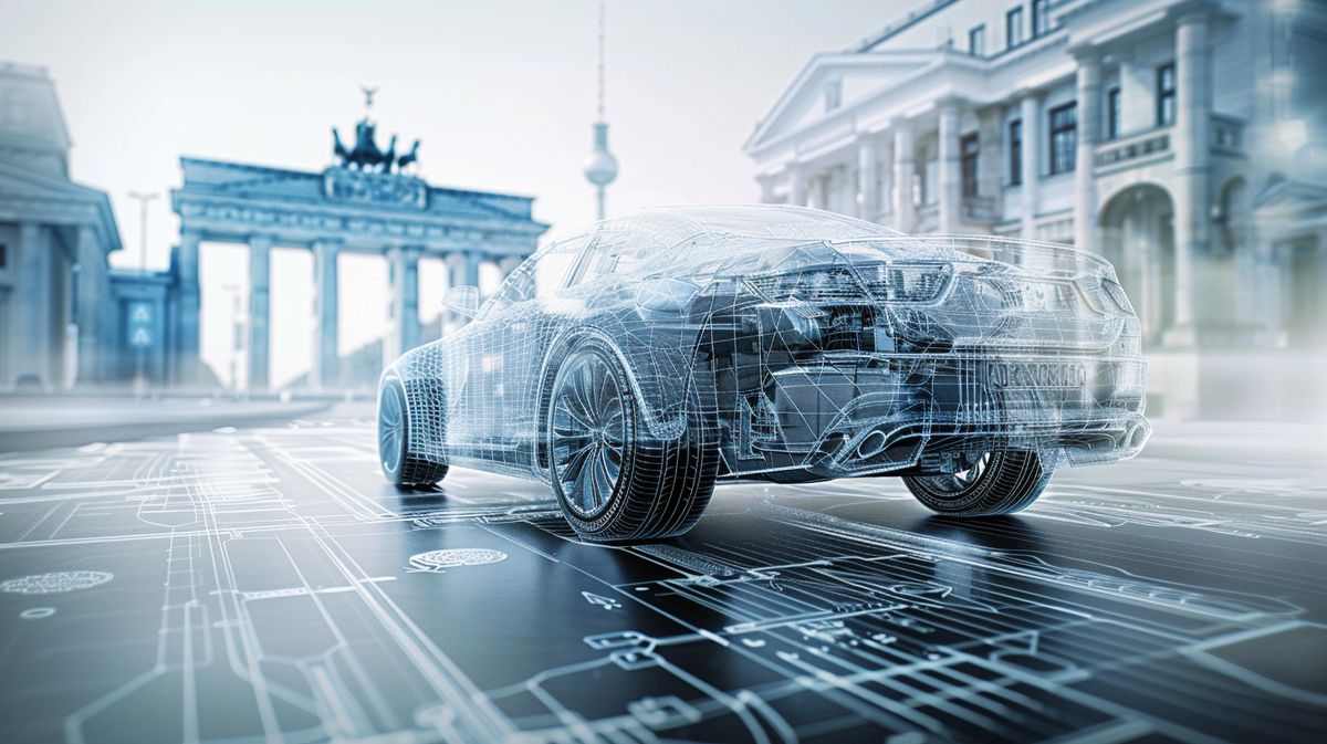 Chiptuning Berlin: Modern automobile engine optimization with visible parts, featuring Berlin landmarks like Brandenburg Gate and Television Tower in the background