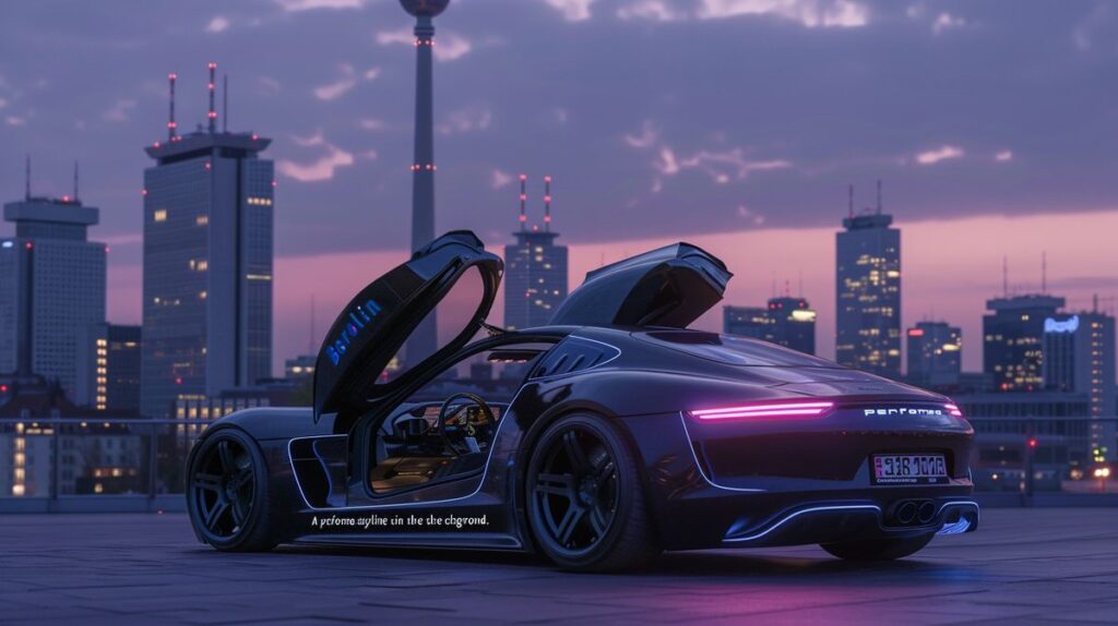 Chiptuning Berlin: Performance sports car with open chip module against Berlin skyline