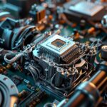 Moderne Auto-Motor mit Chiptuning-Chip und Werkzeugen, kühle metallische Töne, Warnzeichen für Sicherheitshinweise beim Chiptuning