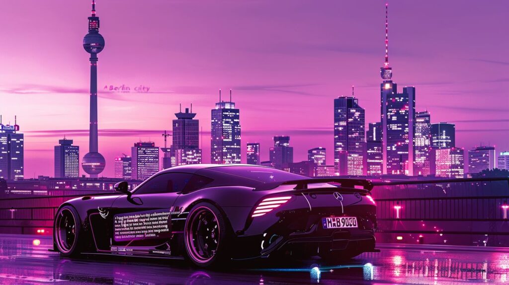 Chiptuning Berlin: Sports car with open chip module against Berlin skyline