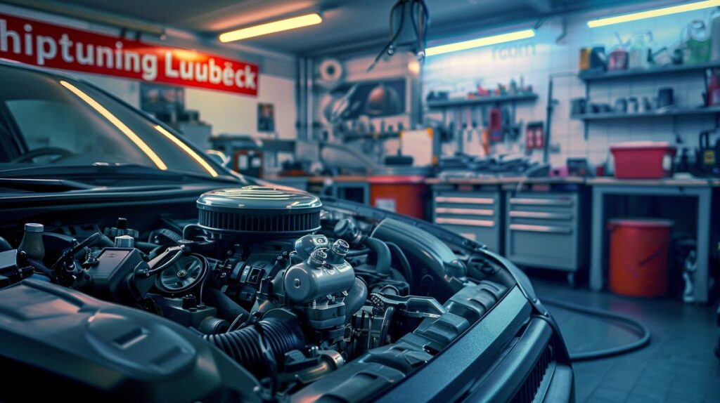 Auto-Motor mit Chiptuning in einer Werkstatt in Lübeck, Werbebanner im Hintergrund sichtbar