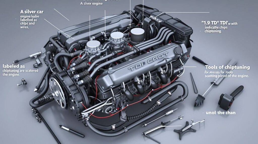 1.9 TDI engine undergoing chiptuning with tools and visible chips and wires