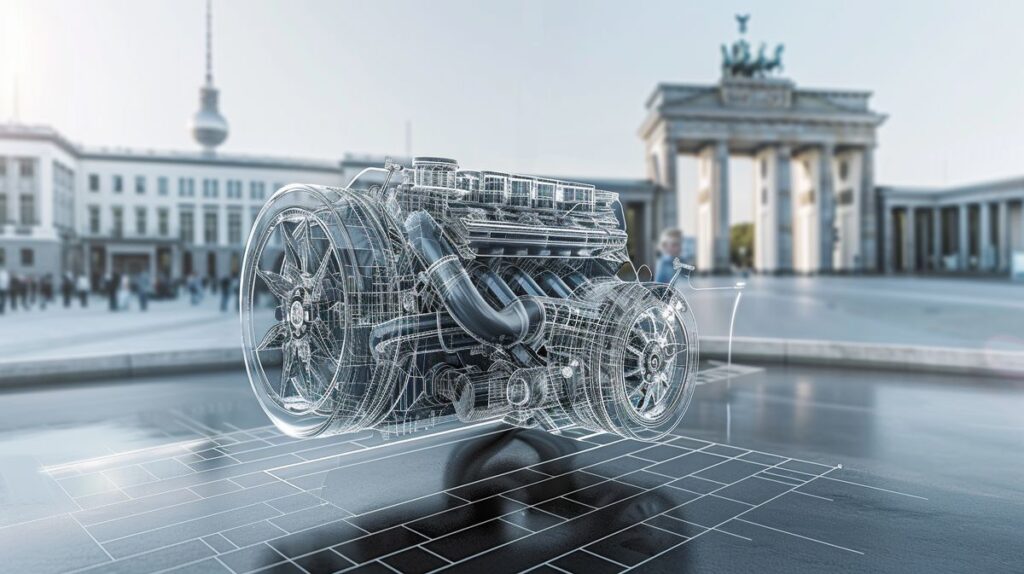 Chiptuning Berlin: Modern automobile engine optimization with visible parts, featuring Berlin landmarks like Brandenburg Gate and Television Tower in the background