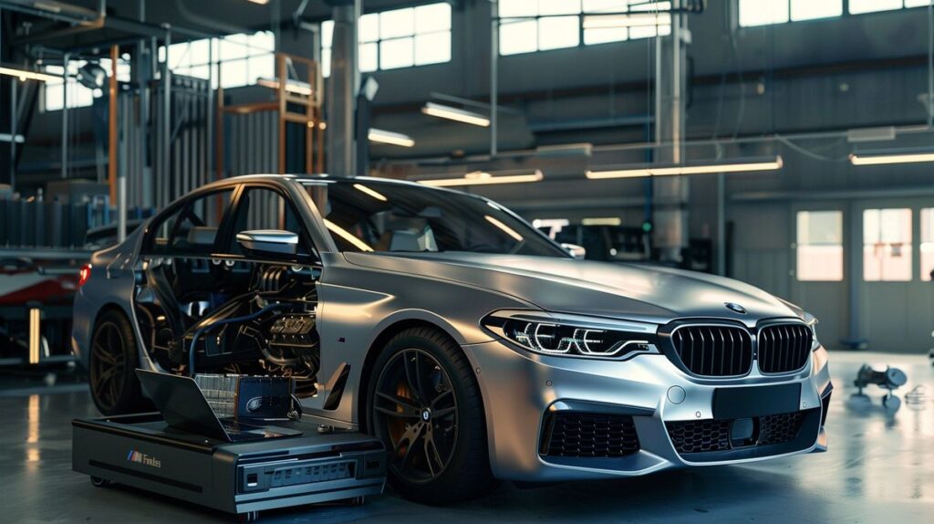 Chiptuning BMW: silver car in garage with laptop connected to engine for performance tuning