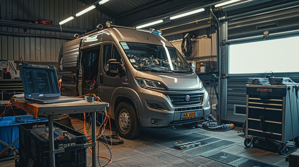 Fiat Ducato van with open hood showing engine and chiptuning device connected, laptop displaying tuning software in garage