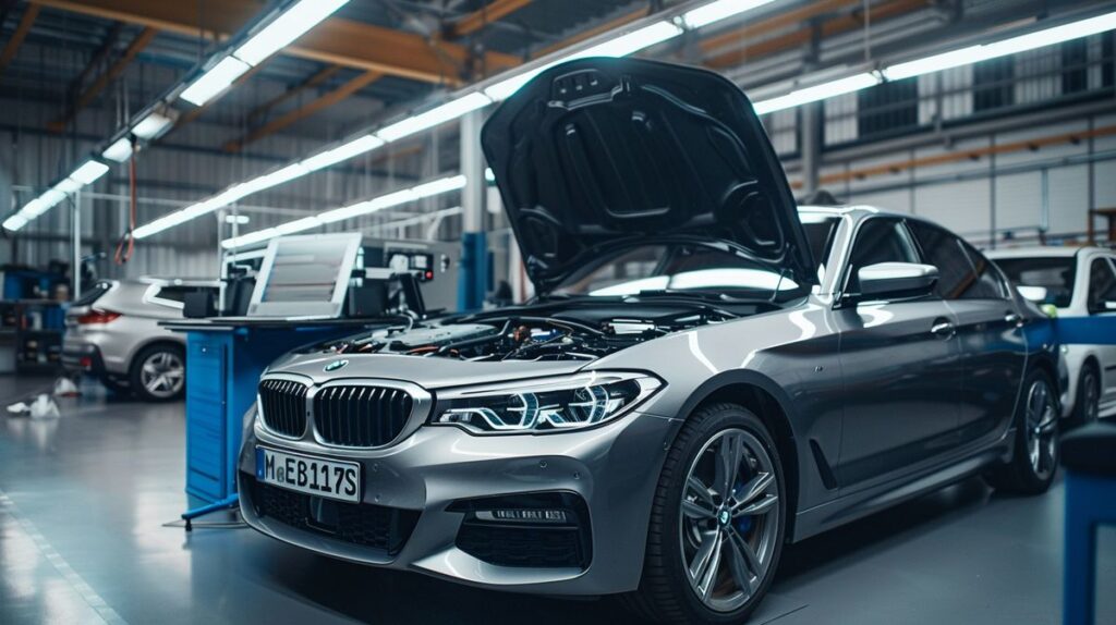 Chiptuning BMW: Silver BMW with open hood connected to laptop in garage, displaying engine tuning code