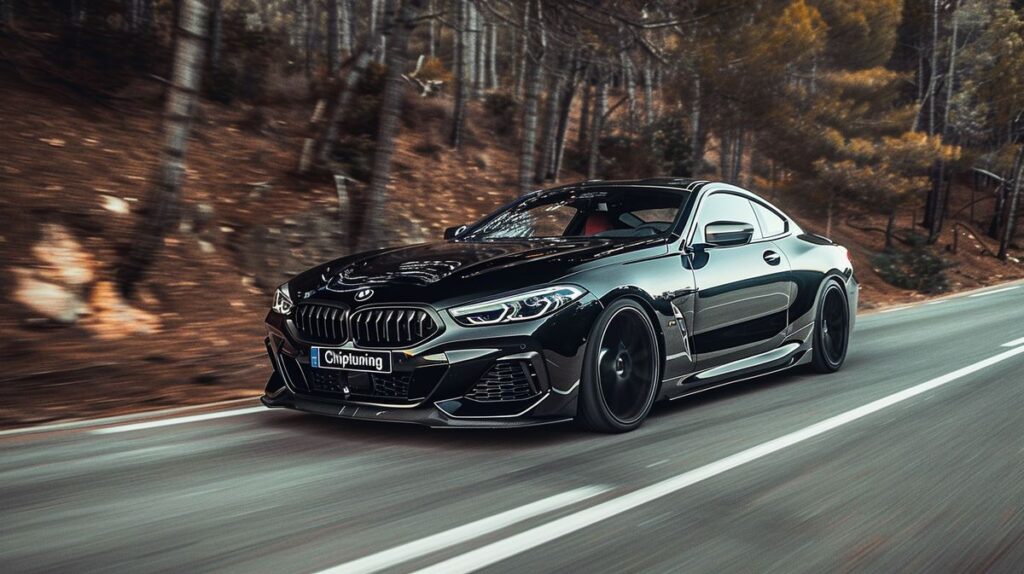 Black BMW sports car with chiptuning on open road, showcasing speed and performance enhancements, BMW logo visible