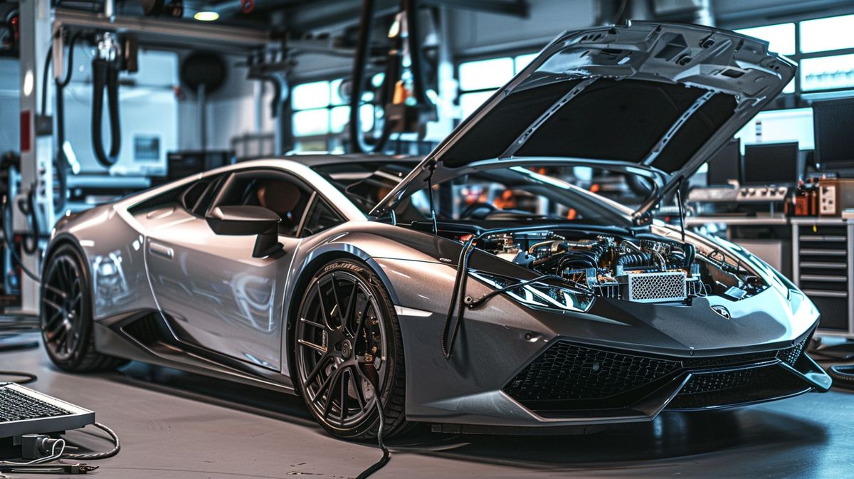 Chiptuning Auto: Silver sports car with open hood and visible engine connected to laptop in professional garage setting