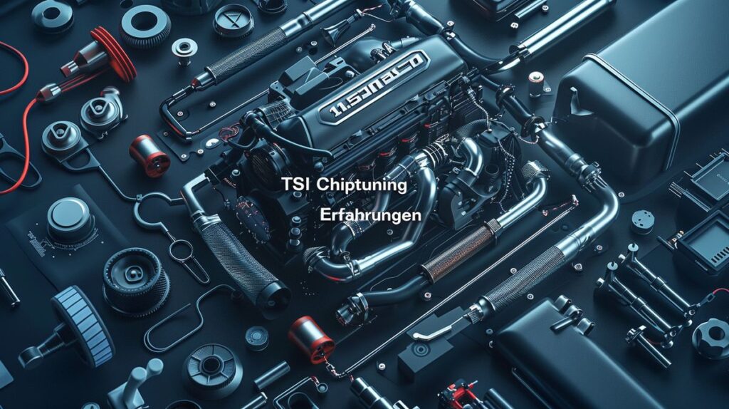 Moderne 1.5 TSI Motor mit Chiptuning-Werkzeugen und Text "1.5 TSI Chiptuning Erfahrungen