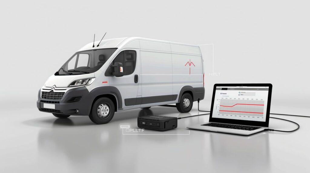 Citroen Jumper 2.2 HDI van neben Laptop mit Chiptuning-Software und Leistungsstatistiken, professionelle helle Atmosphäre für positive Chiptuning Erfahrungen