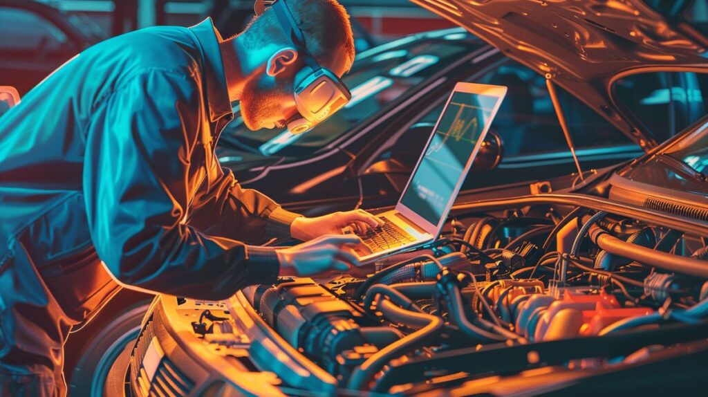 Mechaniker führt Chiptuning an modernem Auto durch, Laptop verbunden mit Motorsteuergerät, wichtige Tipps zum Chiptuning beachten