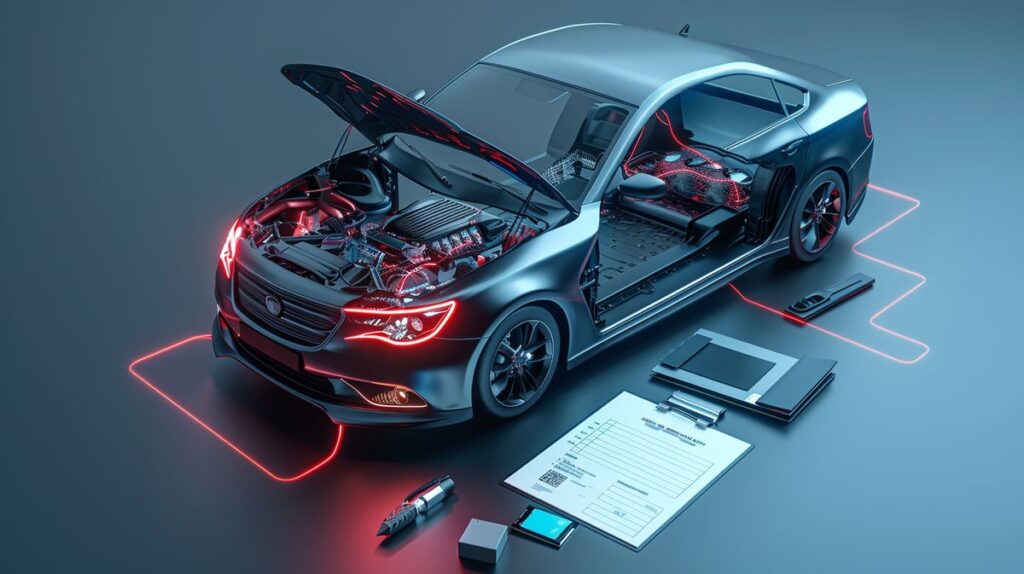 Moderne Auto mit geöffneter Motorhaube und Chiptuning-Chip, neben einem Clipboard für Eintragungsprozess