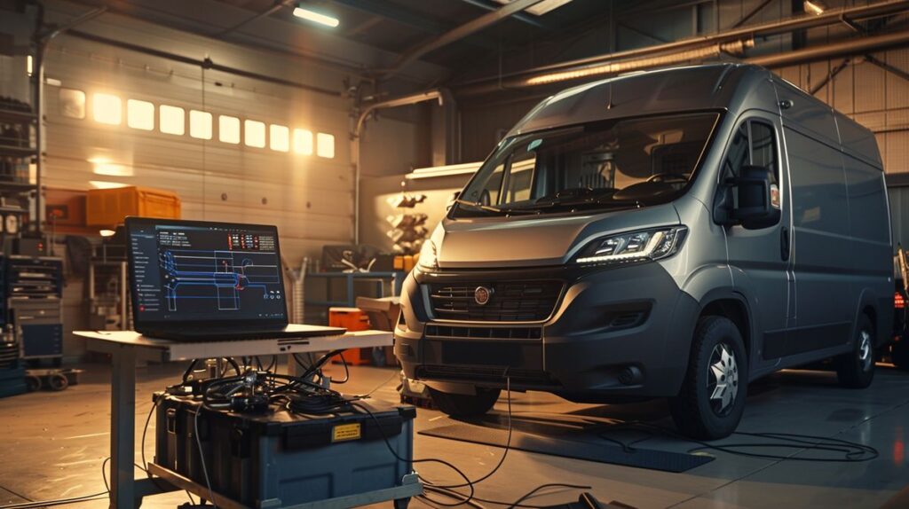 Chiptuning Fiat Ducato van with open hood showing engine and connected chiptuning device in garage